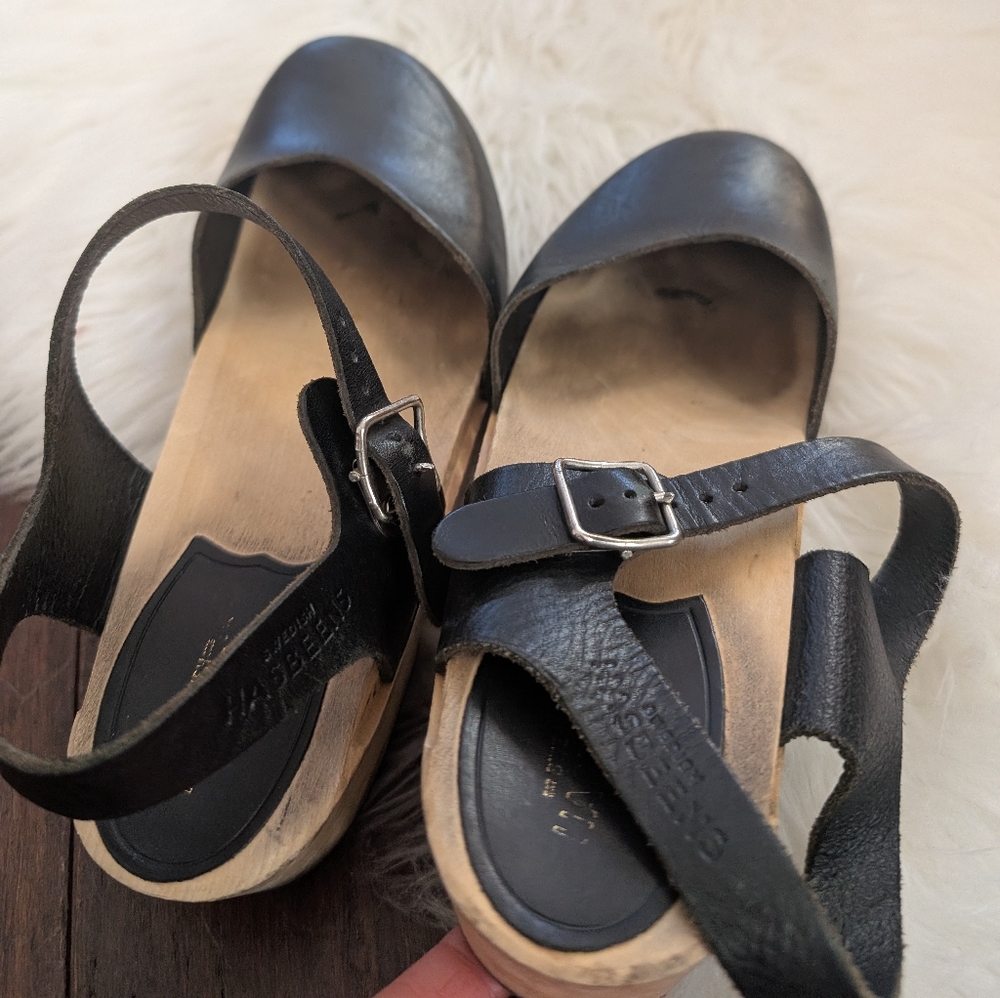 Swedish Hasbeens Mary Jane Clog Sandals in Black Leather Size 39 - Picture 8 of 8